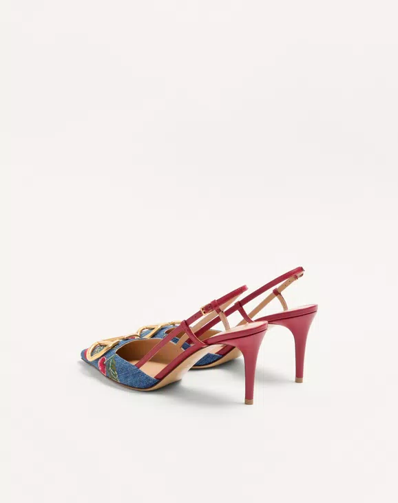 Valentino Vlogo Signature Slingback Pumps In Denim With Cherryfic Embroidery 80Mm - Image 4